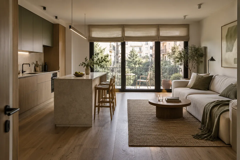 დასრულებული კონცეფცია · Greenhill Residence — თბილი მუხა · 82 m²