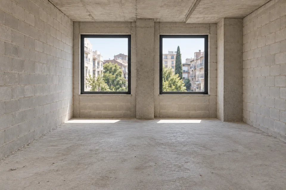 Black-frame shell · Greenhill Residence — Stone & linen · 68 m²
