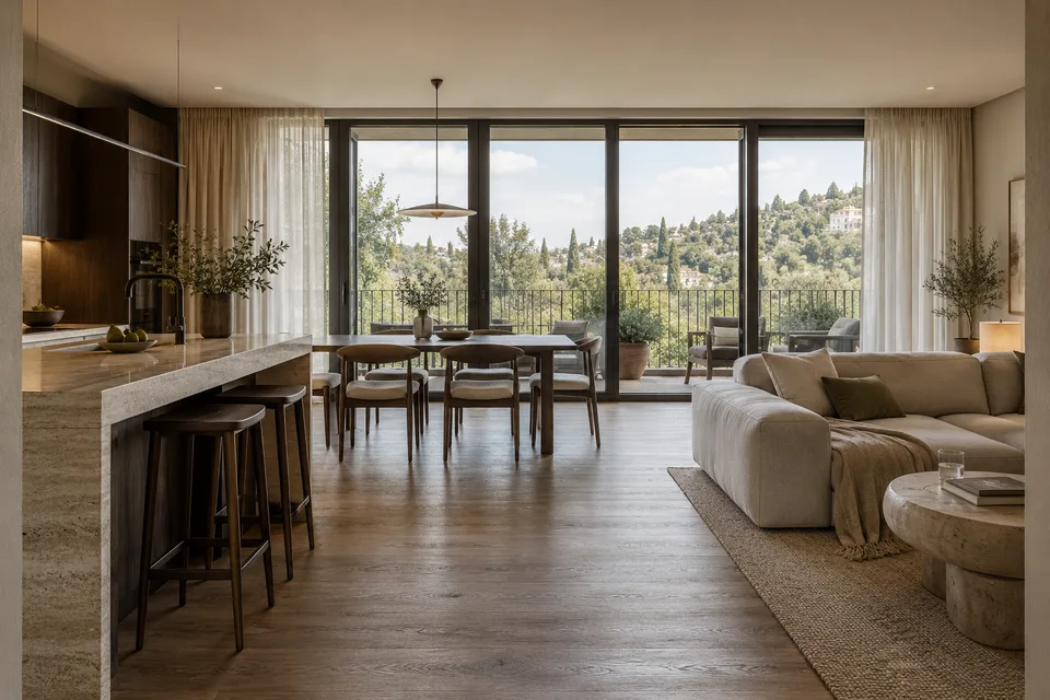 קונספט מוגמר · VR Krtsanisi Resort Residence — חיים עם מרפסת · 124 m²